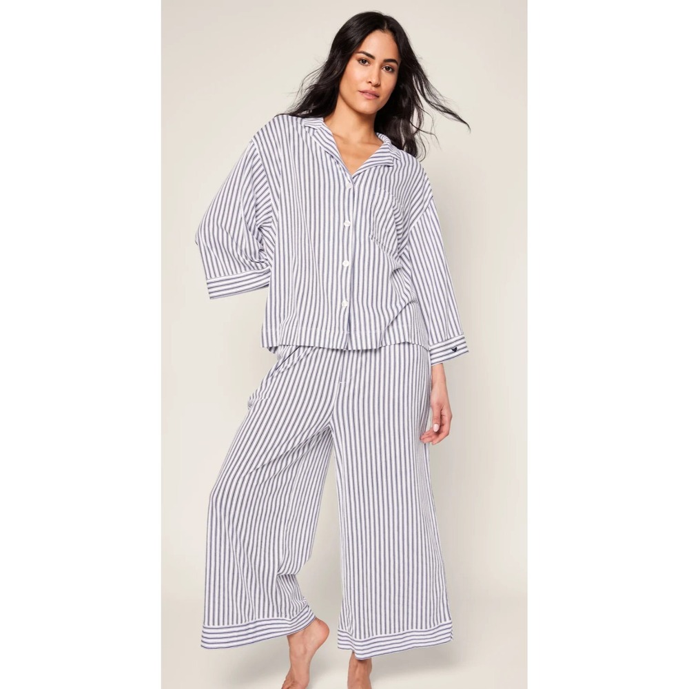 Petite Plume The Olivia Wide Leg Pima Pajama Set in Navy French Ticking New Sz S